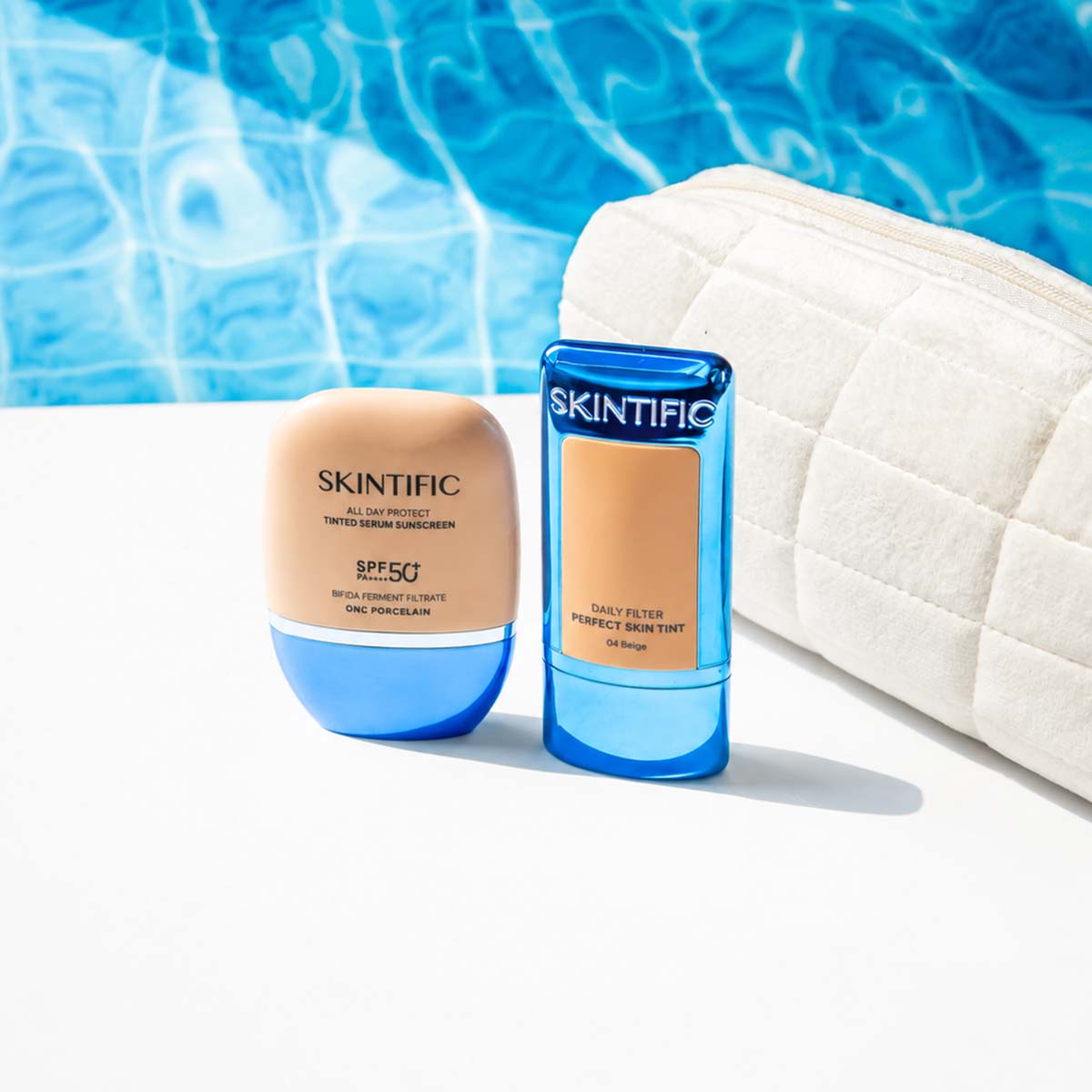 SKINTIFIC Daily Filter Perfect Skin Tint and All Day Protect Tinted Serum Sunscreen shown side by side.