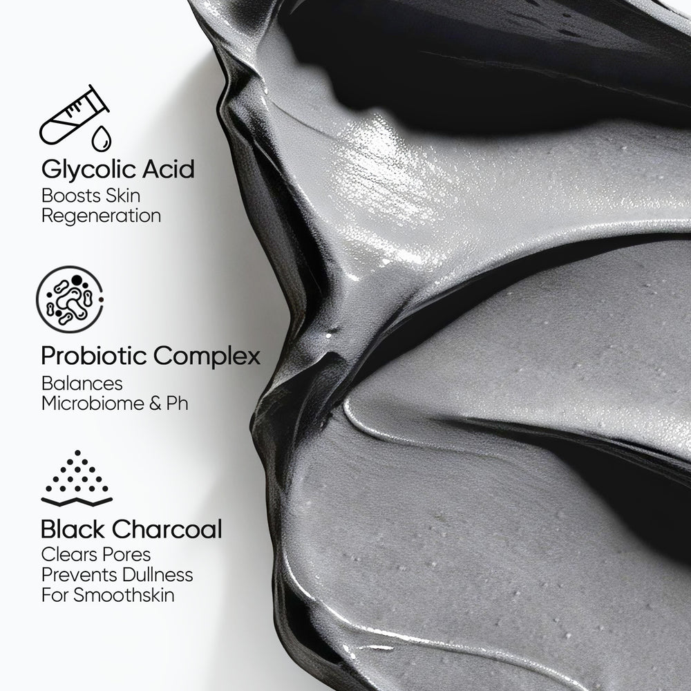 Alaska Volcano clay mask with glycolic acid probiotic complex and black charcoal
