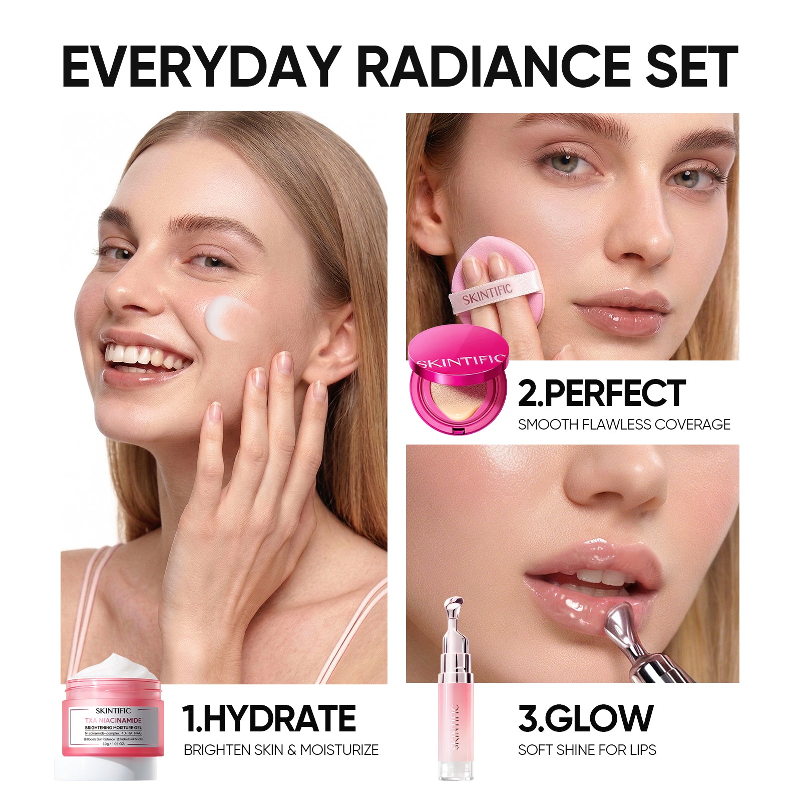 Brightening Glow Cover Cushion + Lip Serum + Moisture Gel 3pcs Set